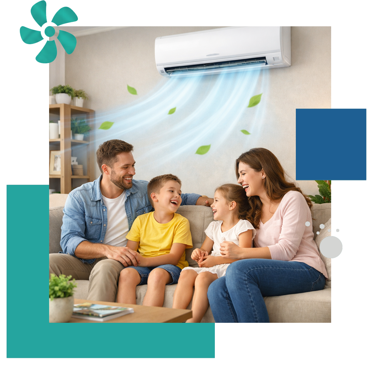 Happy family enjoying cool fresh air from living room AC