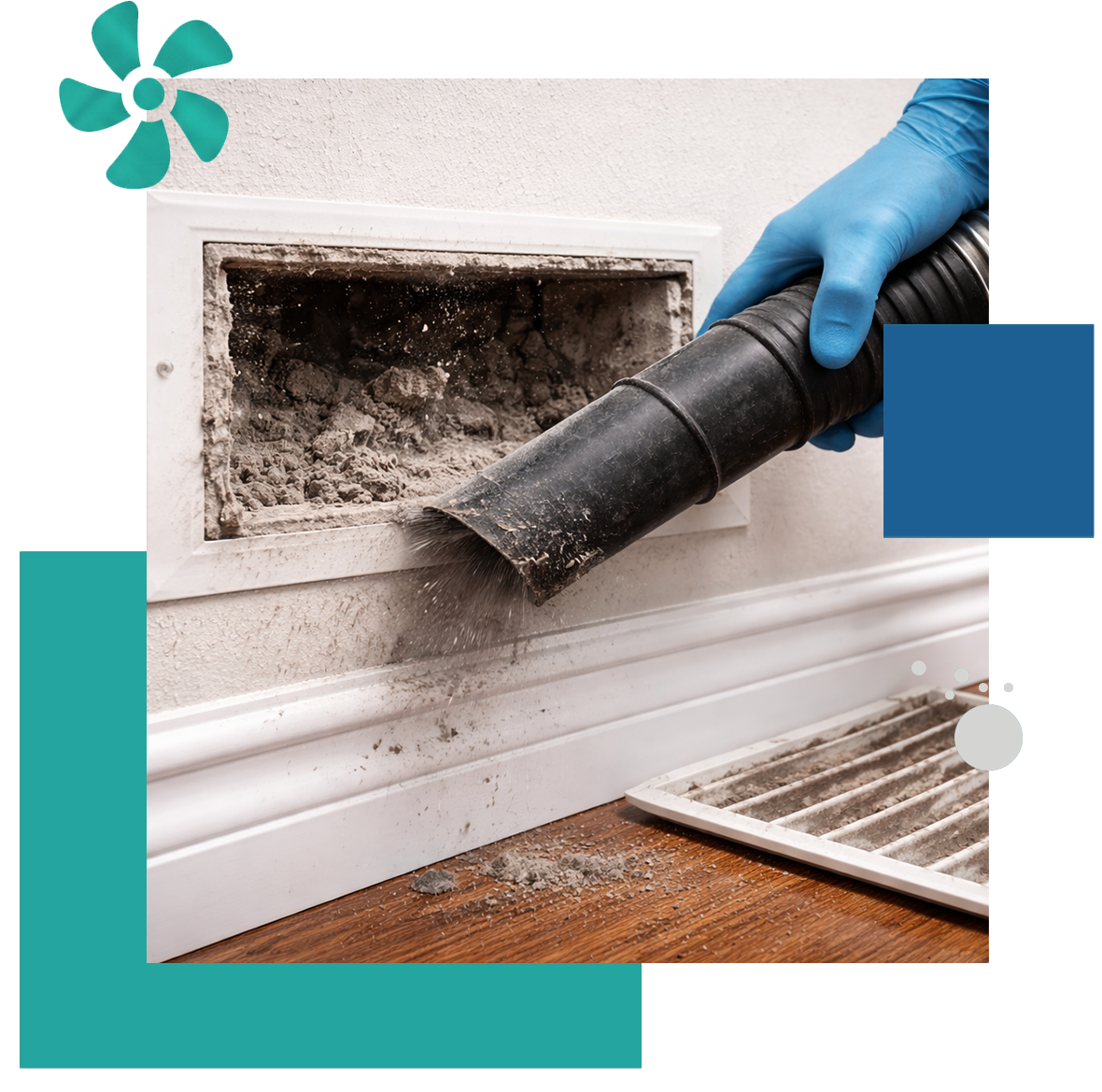 Technician cleaning dusty wall air vent using professional vacuum hose