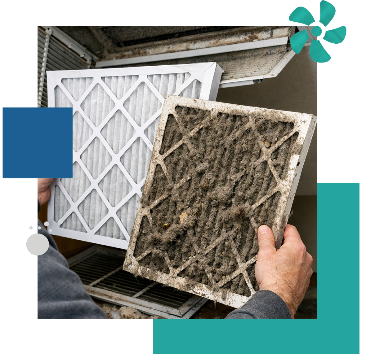 Dirty HVAC air filter being removed during replacement