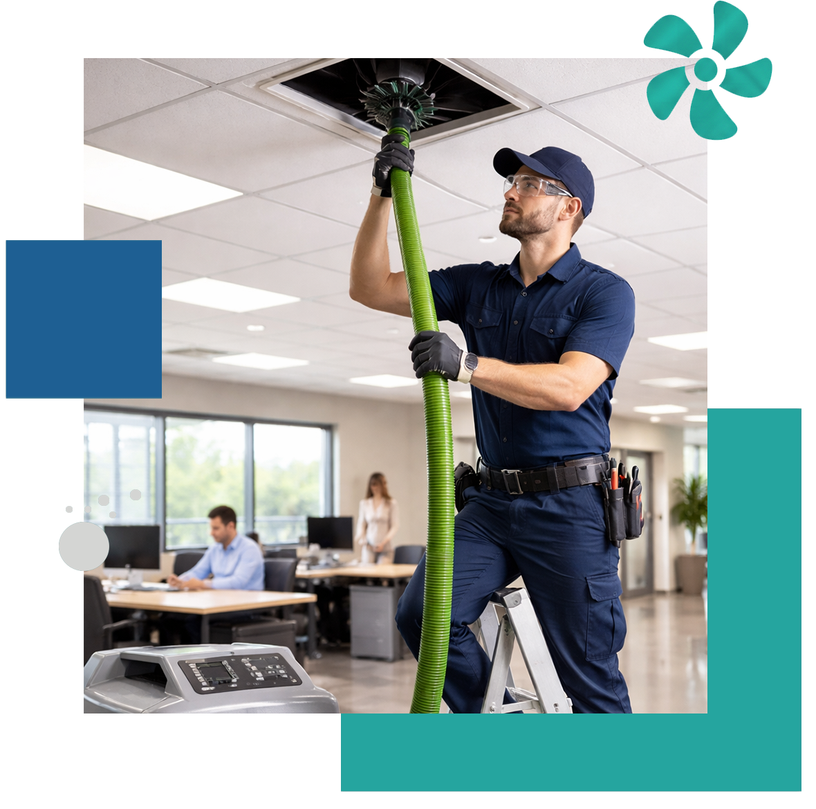 Commercial air duct cleaning technician servicing ceiling duct in office