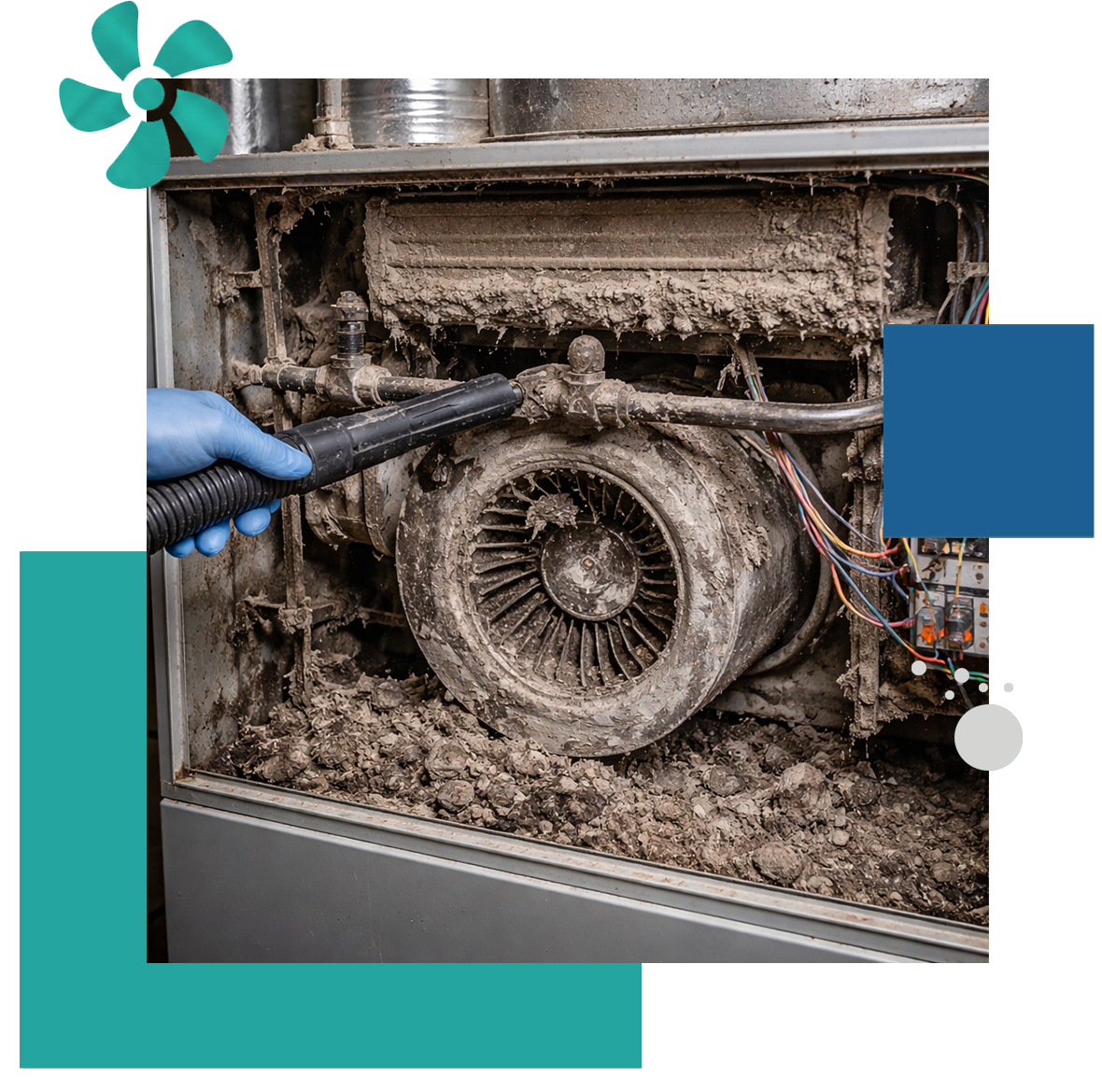 Dirty furnace HVAC unit with technician performing deep cleaning