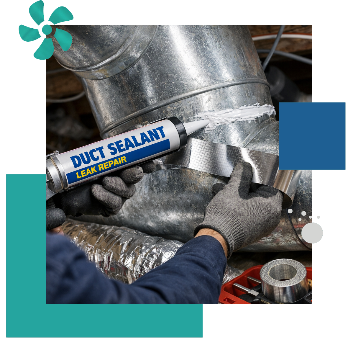 HVAC technician sealing air duct leak with professional tools