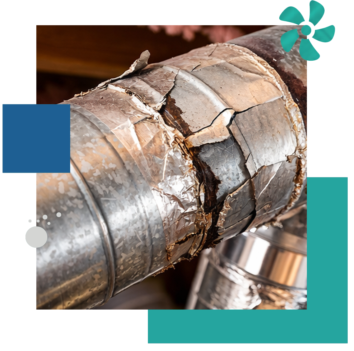 Damaged HVAC ductwork with visible air leaks and sealing repair process