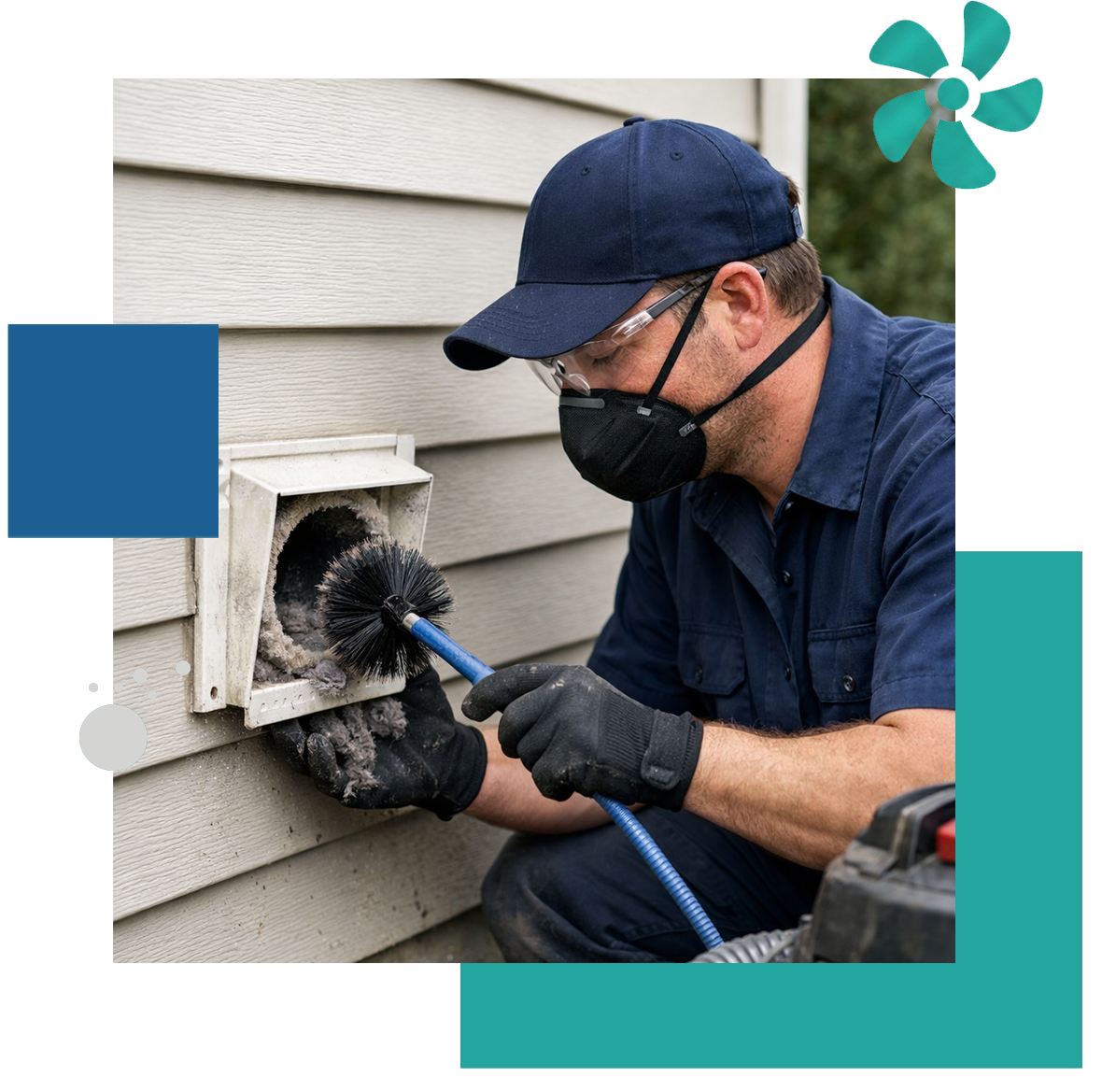 Technician cleaning exterior dryer vent using rotary brush and vacuum equipment
