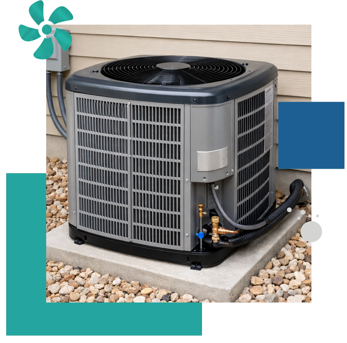 Clean residential HVAC unit installed outdoors on concrete pad with clear airflow vents